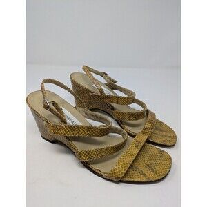 Etienne Aigner Charm Snakeskin Embossed Leather Wedges Gold Tan Sandals 9.5M